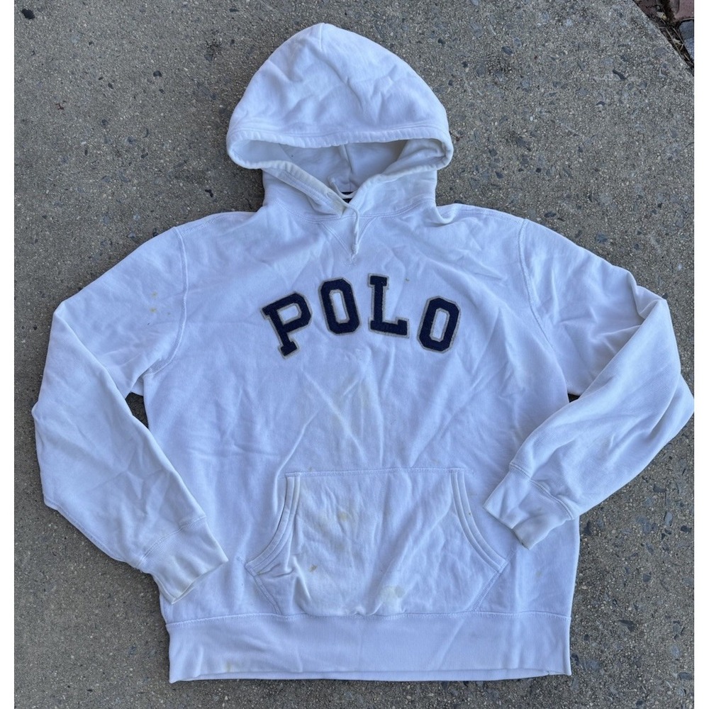 POLO RALPH LAUREN FLEECE LOGO HOODIE MENS XLARGE WHITE PULLOVER SWEATSHIRT USED